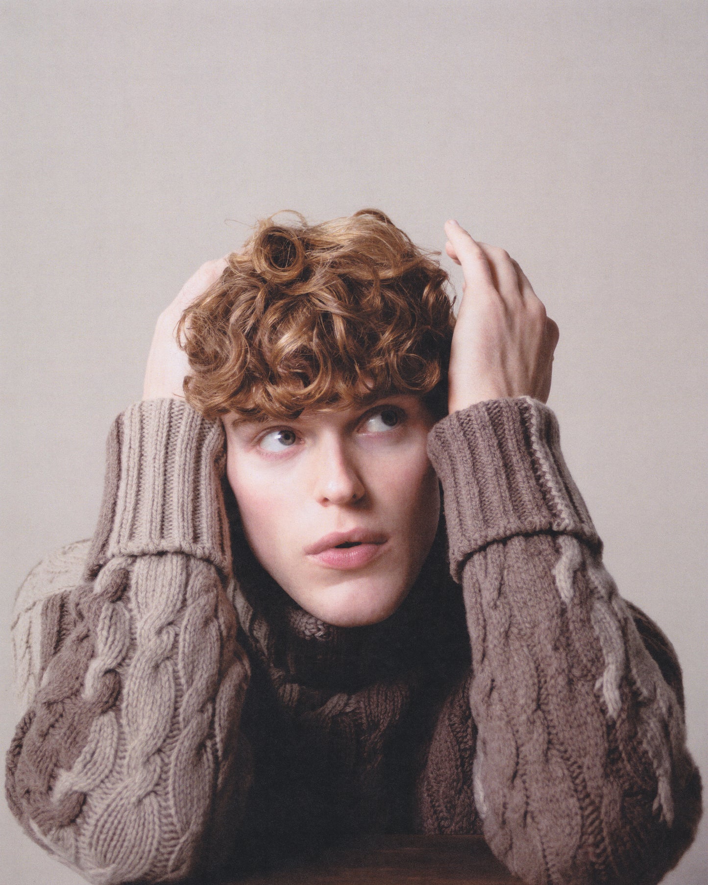 LONG-SLEEVE INTARSIA COLORBLOCK CABLE KNIT TURTLENECK SWEATER