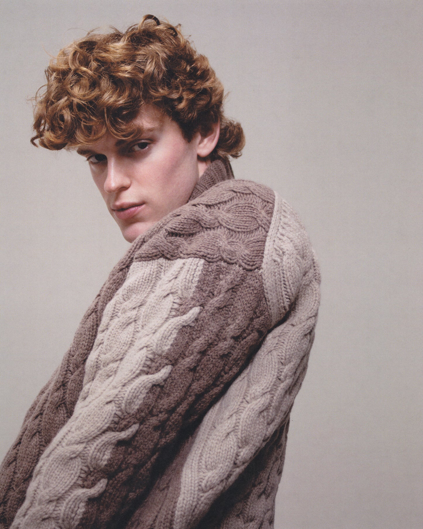 LONG-SLEEVE INTARSIA COLORBLOCK CABLE KNIT TURTLENECK SWEATER