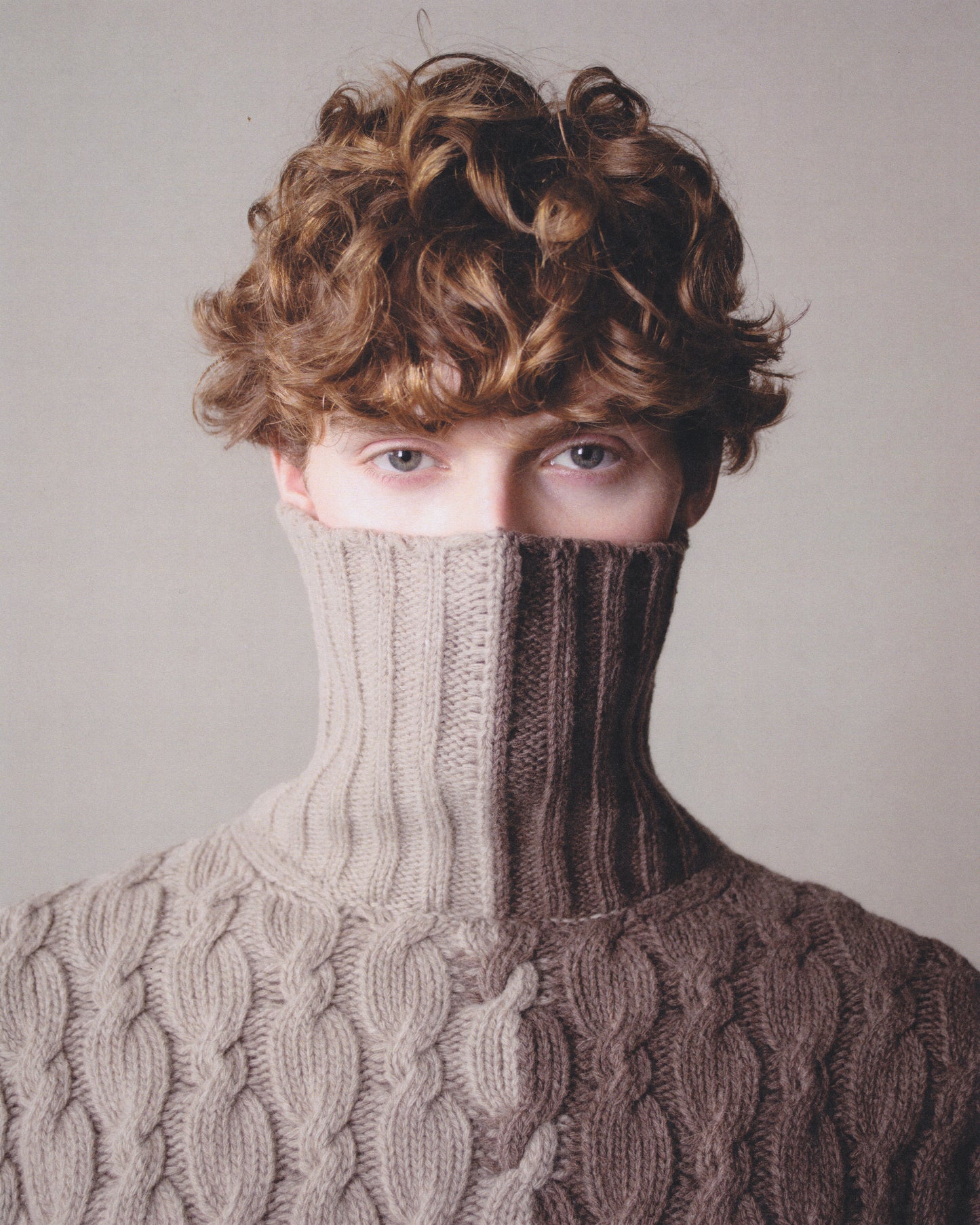 LONG-SLEEVE INTARSIA COLORBLOCK CABLE KNIT TURTLENECK SWEATER