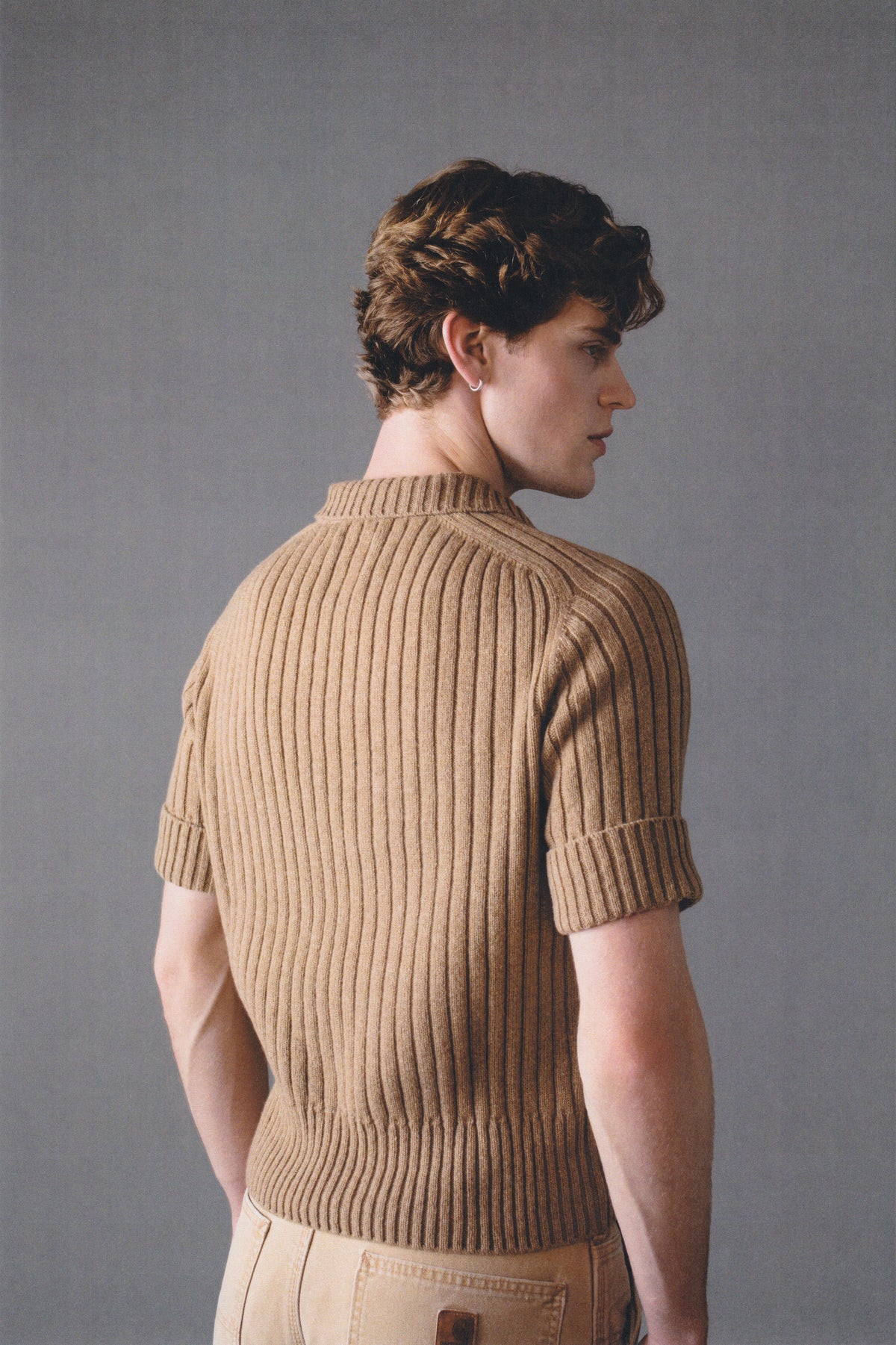 SHORT-SLEEVE RIBBED POLO PLACKET SWEATER