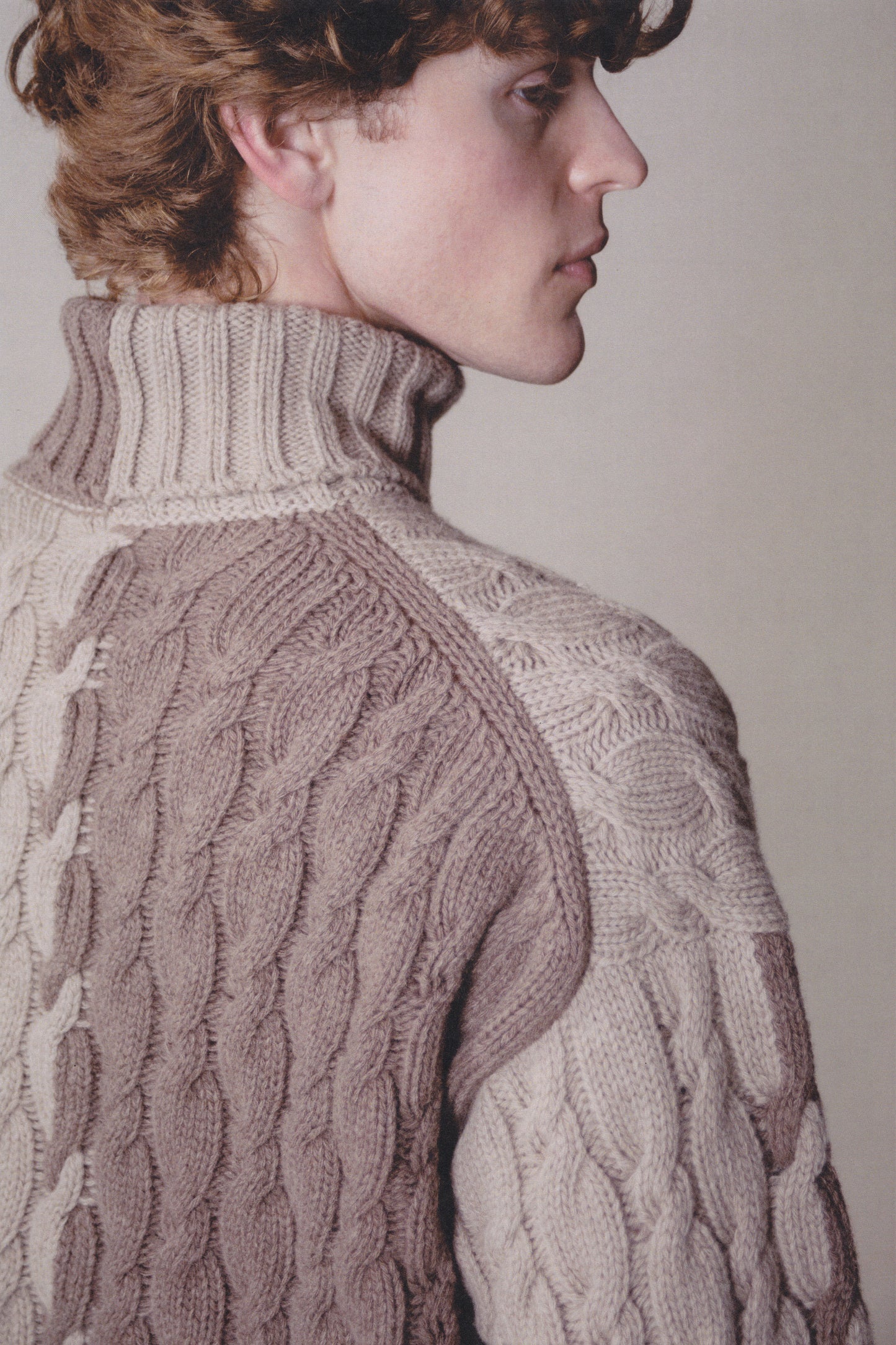 LONG-SLEEVE INTARSIA COLORBLOCK CABLE KNIT TURTLENECK SWEATER