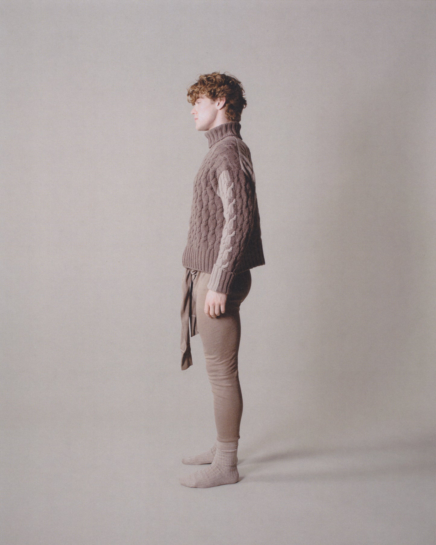 LONG-SLEEVE INTARSIA COLORBLOCK CABLE KNIT TURTLENECK SWEATER