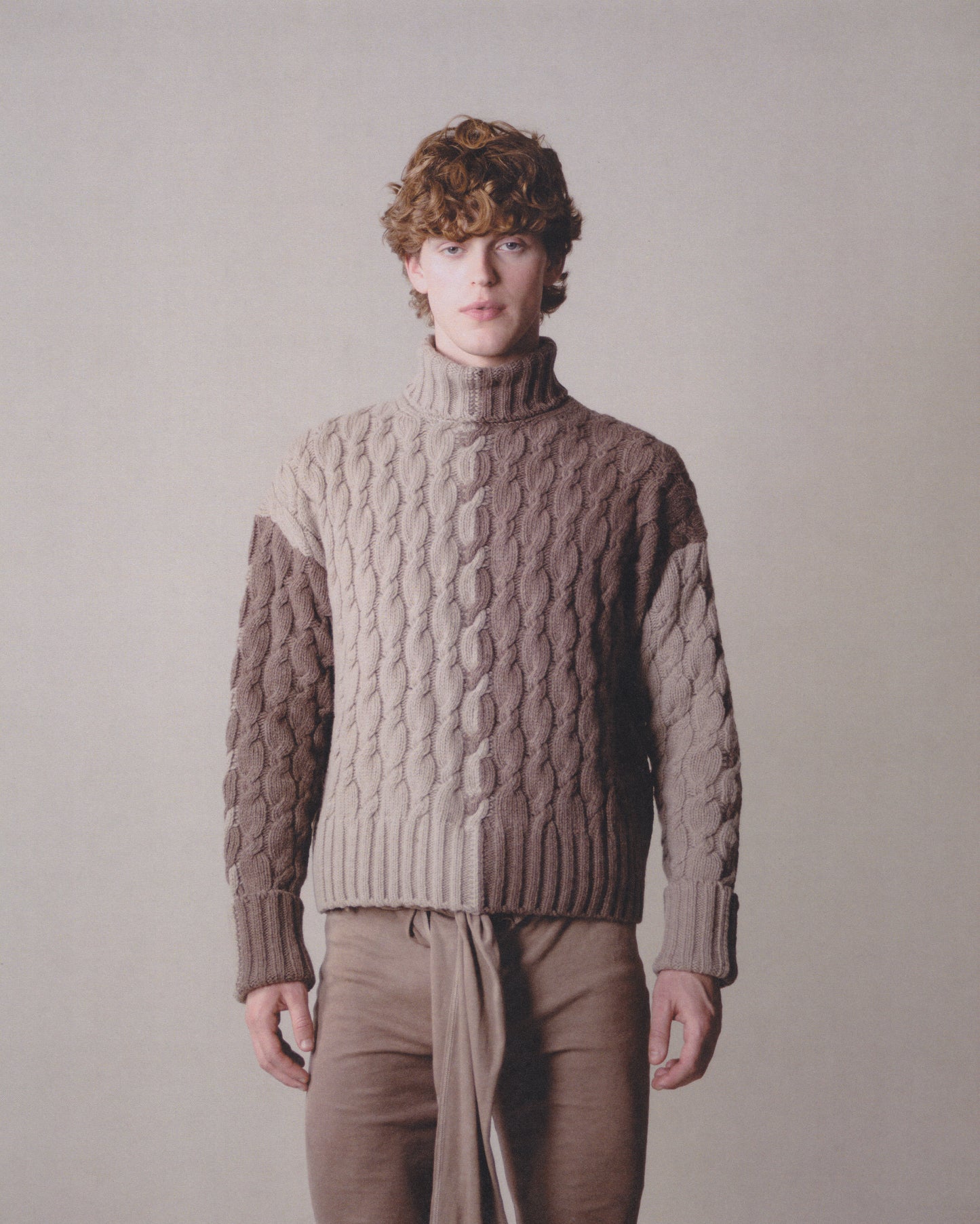 LONG-SLEEVE INTARSIA COLORBLOCK CABLE KNIT TURTLENECK SWEATER