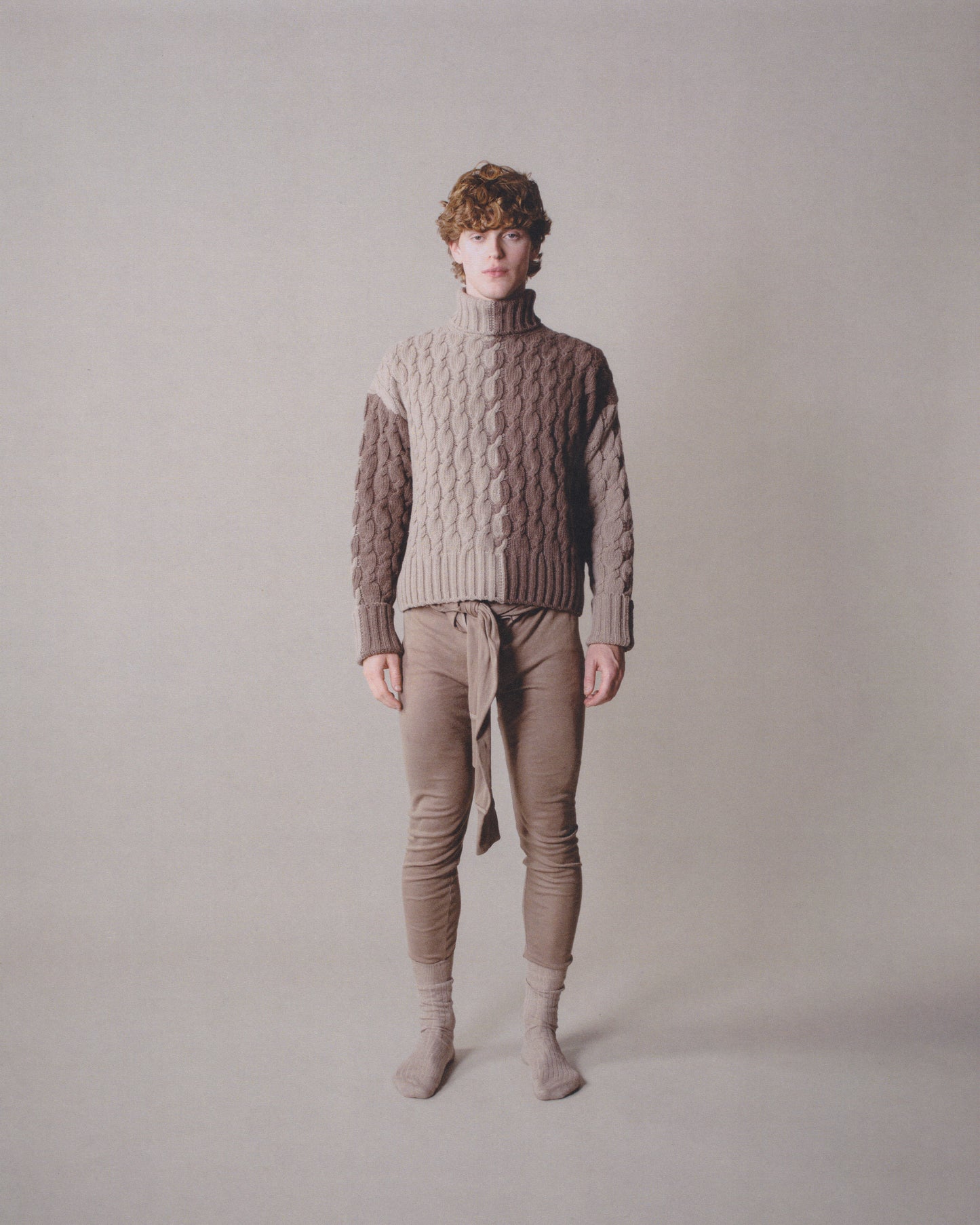 LONG-SLEEVE INTARSIA COLORBLOCK CABLE KNIT TURTLENECK SWEATER