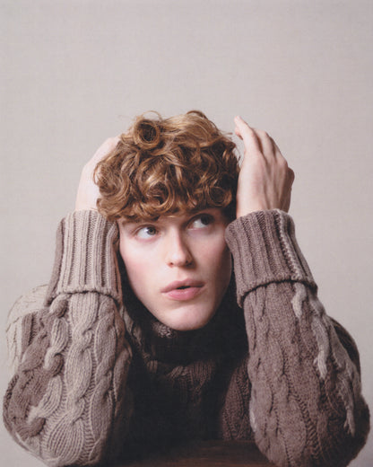 LONG-SLEEVE INTARSIA COLORBLOCK CABLE KNIT TURTLENECK SWEATER
