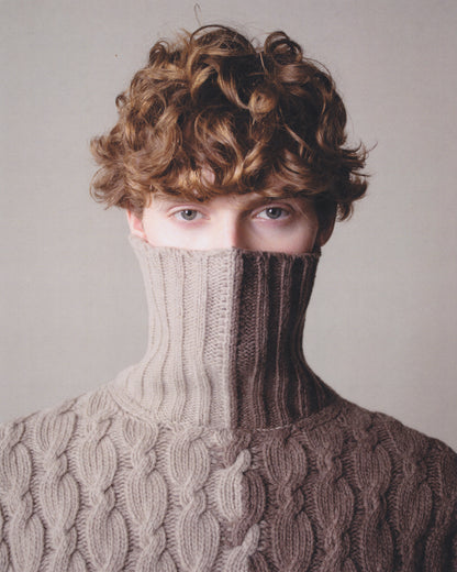 LONG-SLEEVE INTARSIA COLORBLOCK CABLE KNIT TURTLENECK SWEATER