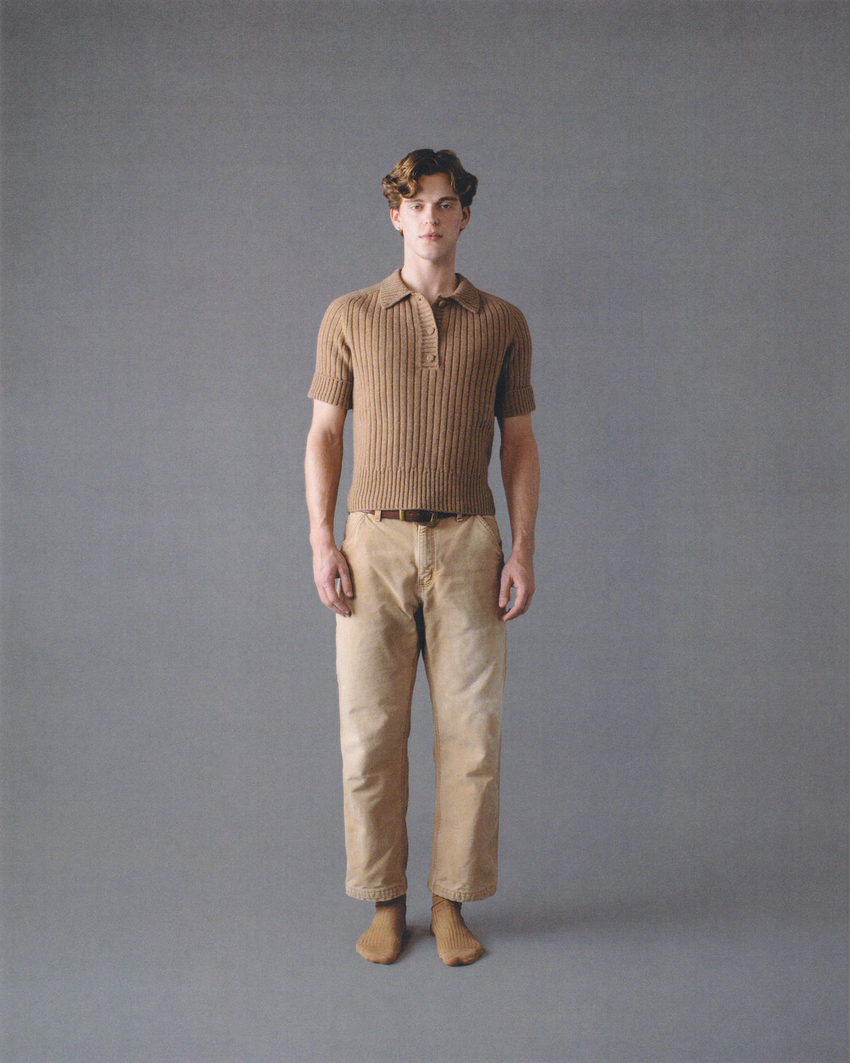 SHORT-SLEEVE RIBBED POLO PLACKET SWEATER