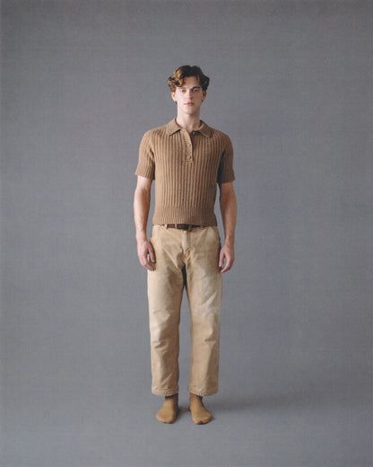 SHORT-SLEEVE RIBBED POLO PLACKET SWEATER