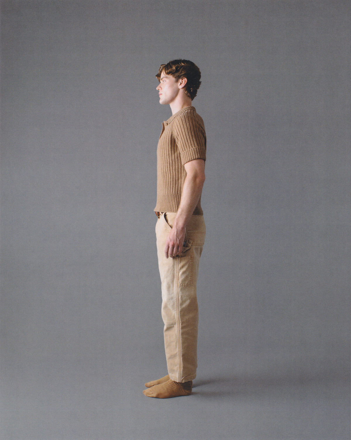 SHORT-SLEEVE RIBBED POLO PLACKET SWEATER