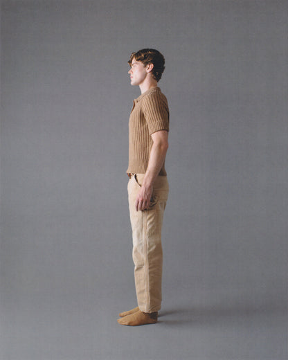 SHORT-SLEEVE RIBBED POLO PLACKET SWEATER