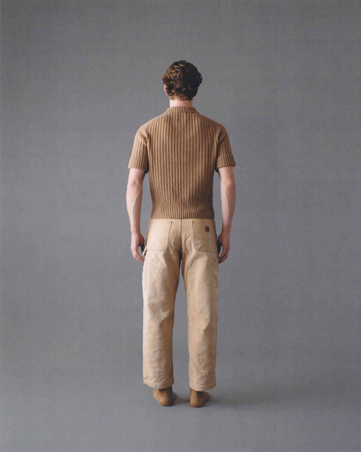 SHORT-SLEEVE RIBBED POLO PLACKET SWEATER