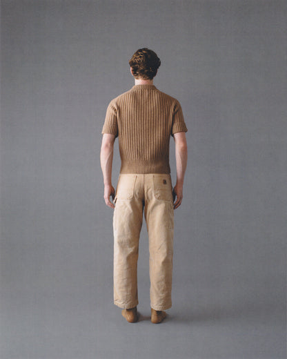 SHORT-SLEEVE RIBBED POLO PLACKET SWEATER