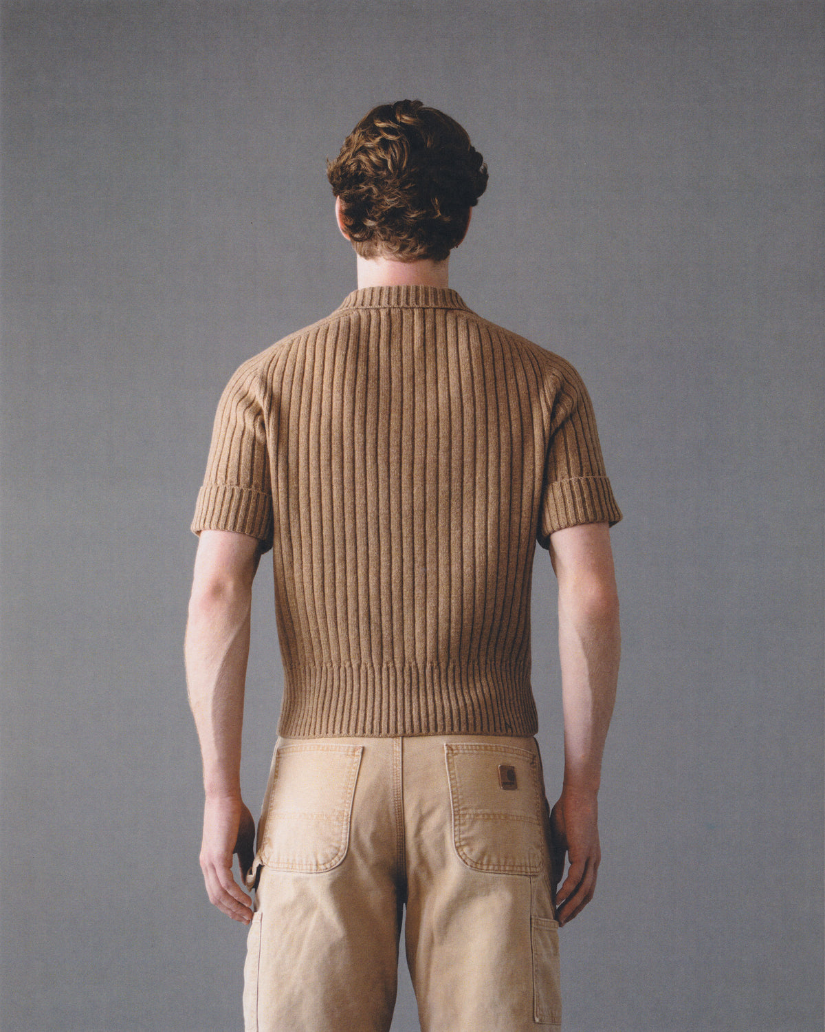SHORT-SLEEVE RIBBED POLO PLACKET SWEATER