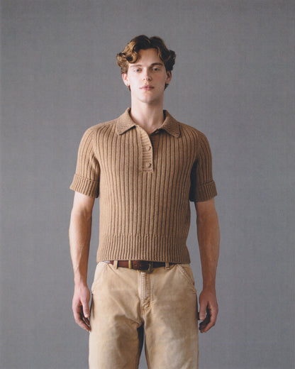 SHORT-SLEEVE RIBBED POLO PLACKET SWEATER