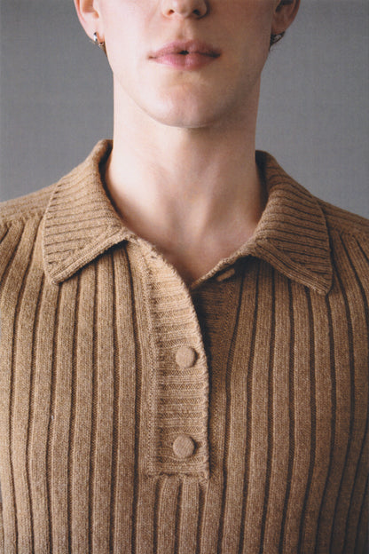 SHORT-SLEEVE RIBBED POLO PLACKET SWEATER
