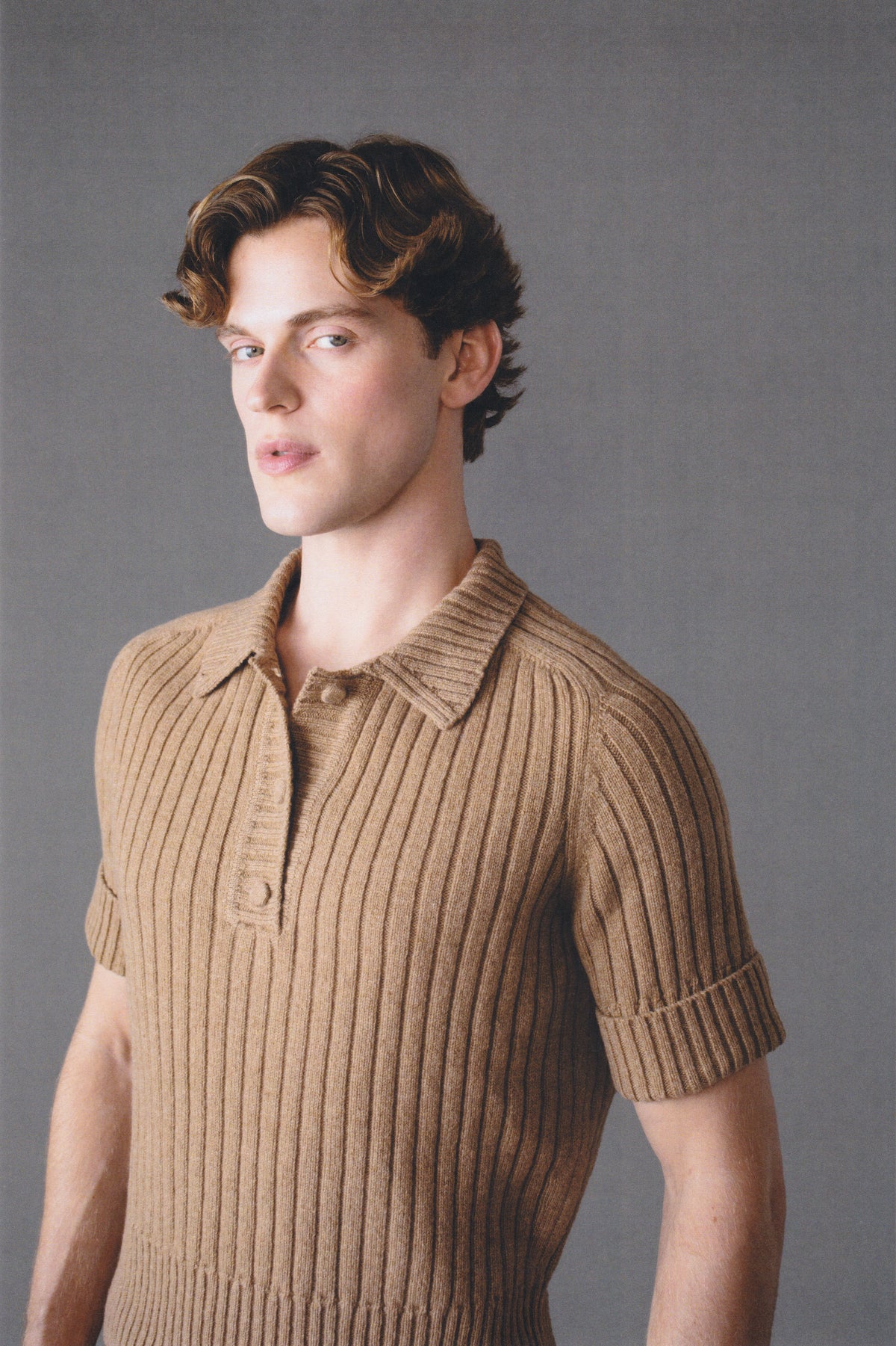 SHORT-SLEEVE RIBBED POLO PLACKET SWEATER