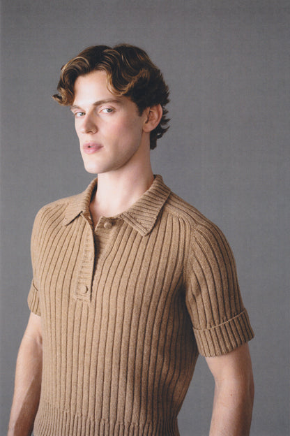 SHORT-SLEEVE RIBBED POLO PLACKET SWEATER