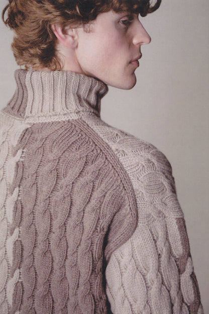 LONG-SLEEVE INTARSIA COLORBLOCK CABLE KNIT TURTLENECK SWEATER