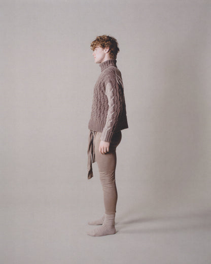 LONG-SLEEVE INTARSIA COLORBLOCK CABLE KNIT TURTLENECK SWEATER
