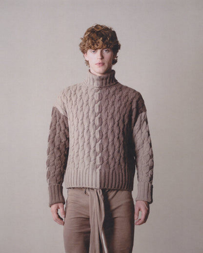 LONG-SLEEVE INTARSIA COLORBLOCK CABLE KNIT TURTLENECK SWEATER