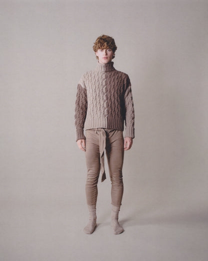 LONG-SLEEVE INTARSIA COLORBLOCK CABLE KNIT TURTLENECK SWEATER