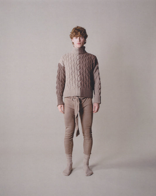 LONG-SLEEVE INTARSIA COLORBLOCK CABLE KNIT TURTLENECK SWEATER